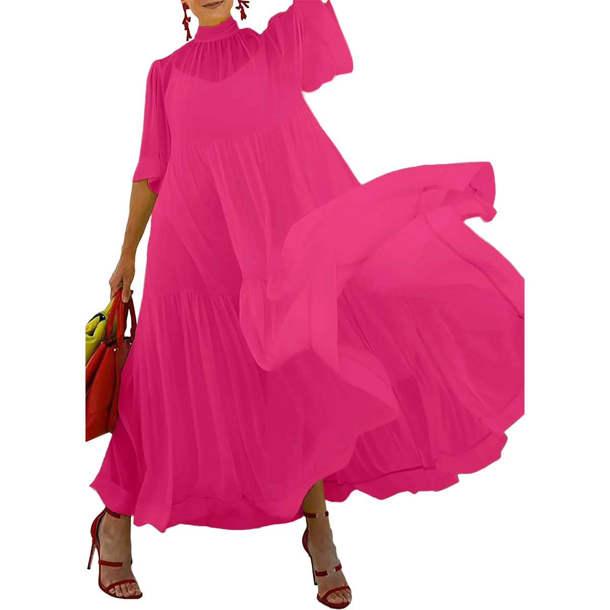 Spring Summer Chiffon Pleated Maxi Dress Women Causal Solid Ruched Loose Fit See Through Long Dress Women