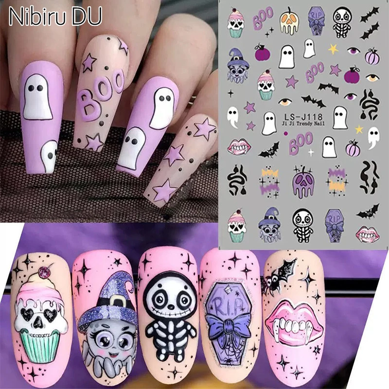 

6/1pcs Halloween Nail Stickers Black Cat Ghost Spider Web Design Decals Holographic Self-Adhesive Slider Manicure Art Decoration