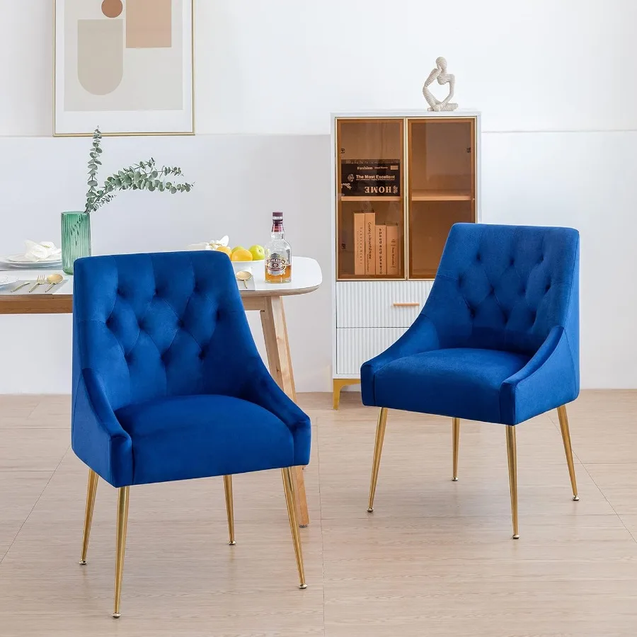 Modern Dining Chair Set of 2 MidCentury Room Chair Upholstered Comfortable Velvet with Back Pull Rod and Metal Legs for Kitchen
