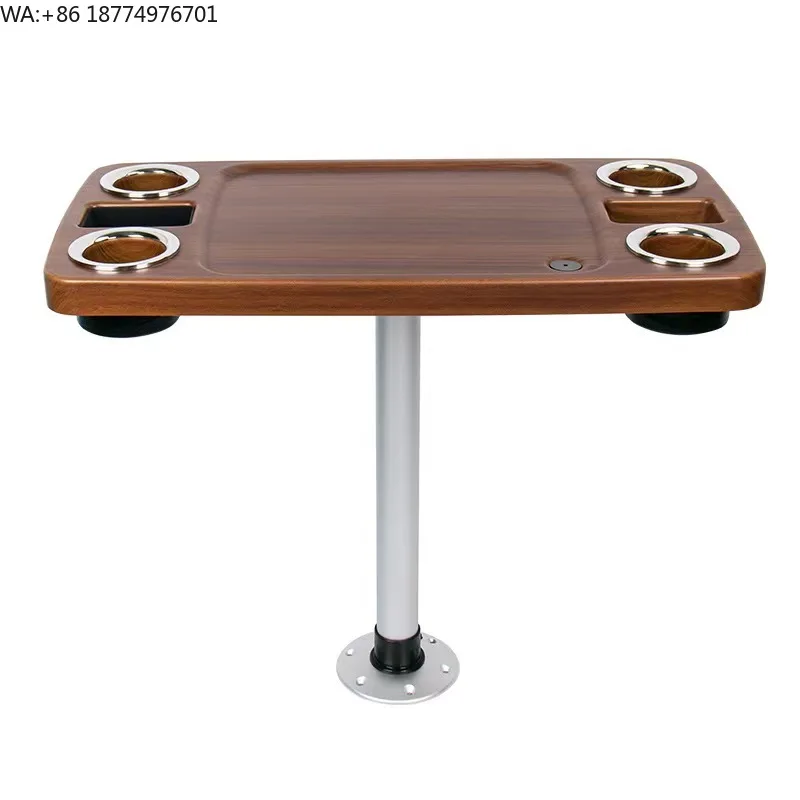 ABS Wood Grain Pontoon Table with Cup Holder Aluminum Base Pontoon Furniture for Boat Accessories RV Marine Supplies