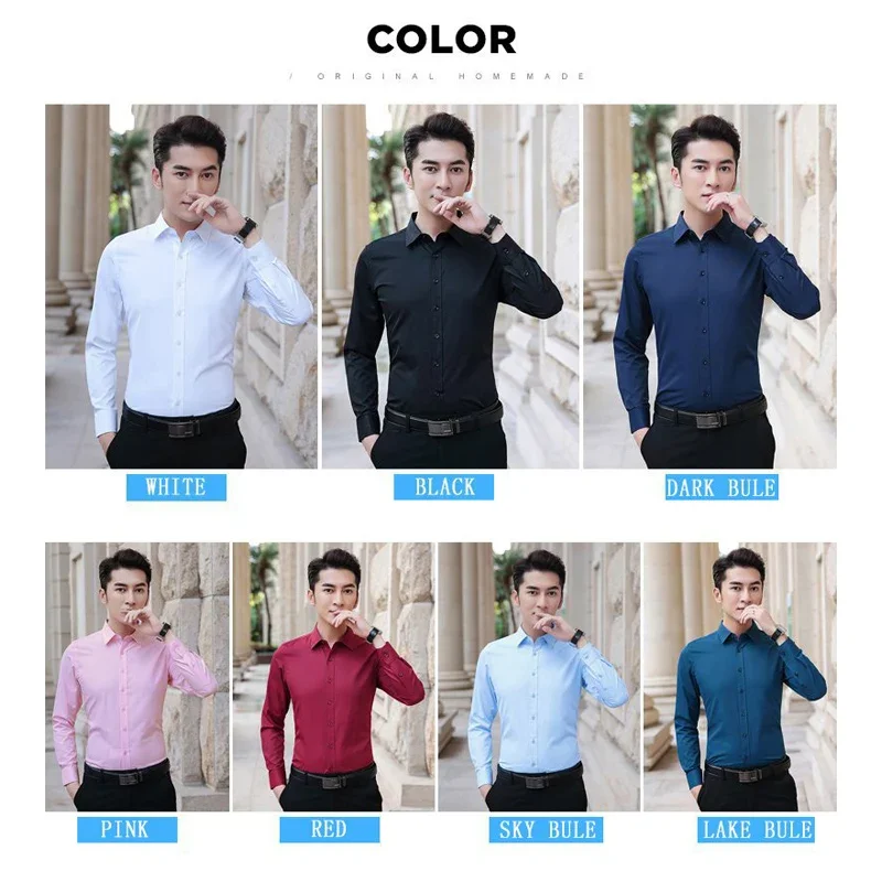 BROWON Size M-5XL Men Dress Shirts Long Sleeve Turn Down Collar Solid Color Business Work Shirt Slim Fit Anti-wrinkle Men Clothe