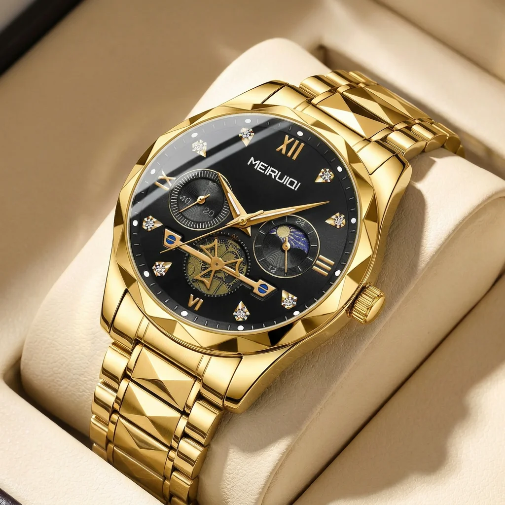 

1pcs Men's black dial alloy strap vintage fashion open heart moon phase details Quartz Watch for business party holiday