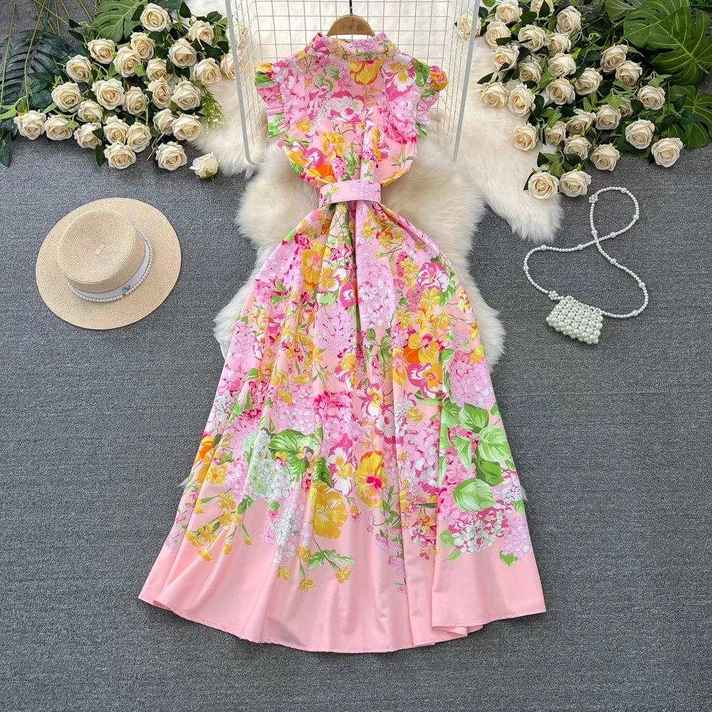 2024 New Summer Women Print Palce StyleTurn Down Collar Flying Sleeve Belt Single Breasted Boho Beach Holiday Dresses