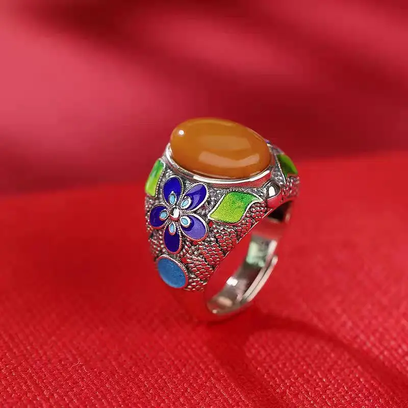 

Ethnic Style Oval Jade Ring For Lady Party Accessories Vintage Cloisonne Color Flower Ring Women Jewelry