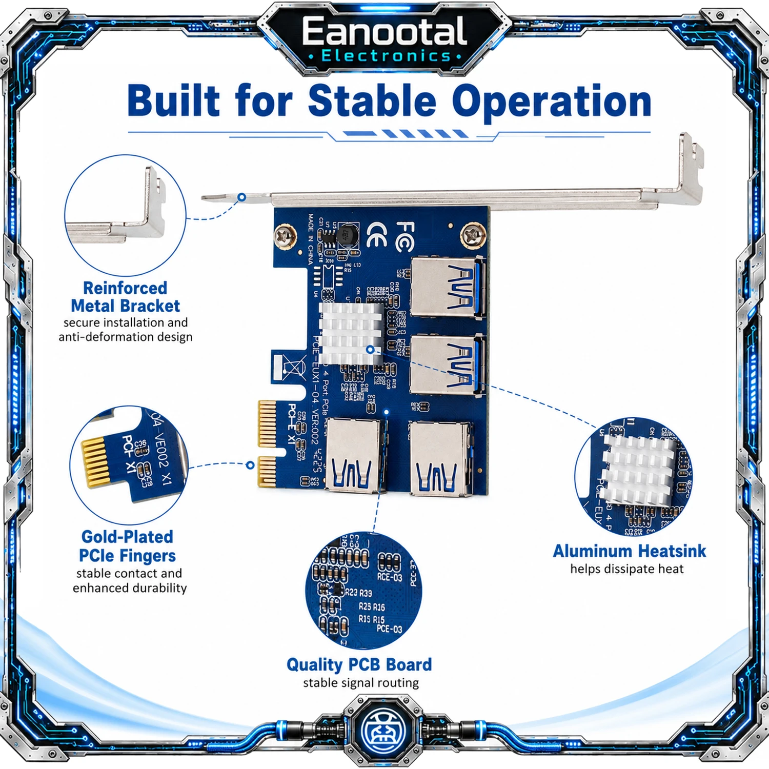 PCI Express x1 to 4 Port Splitter Card, Multi GPU Riser Expansion Adapter with USB 3.0 Style PCIe Riser Connectors