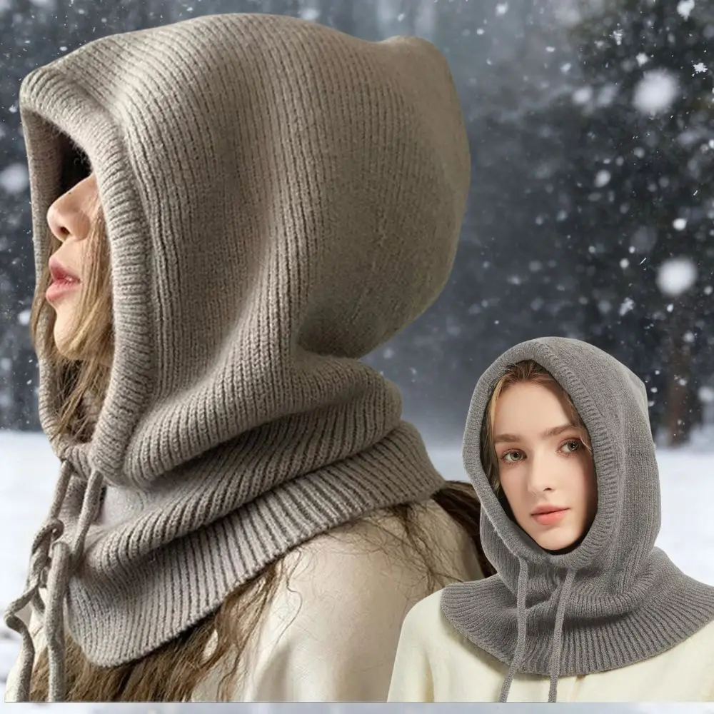 

Knitted Hooded Hat for Women Winter Neck Cover Balaclava Hats Beanies Outdoor Warm woolen Drawstring Caps One-piece Beanies
