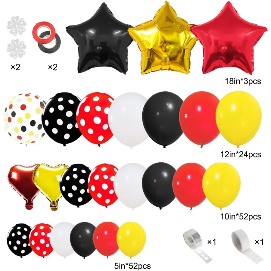 142 قطعة من بالونات الماوس مجموعة جارلاند من رقائق النثار باللون الأسود والأحمر والأصفر والأبيض لتزيين حفلات أعياد الميلاد على شكل فأر كرتوني