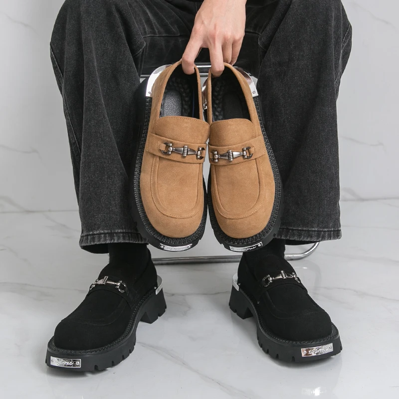 عالية الجودة الرجال الجلد المدبوغ منصة أحذية من الجلد Nubuck جلد الأعمال الرسمية المتسكعون الفم الضحلة العلامة التجارية الخف أحذية الزفاف #6