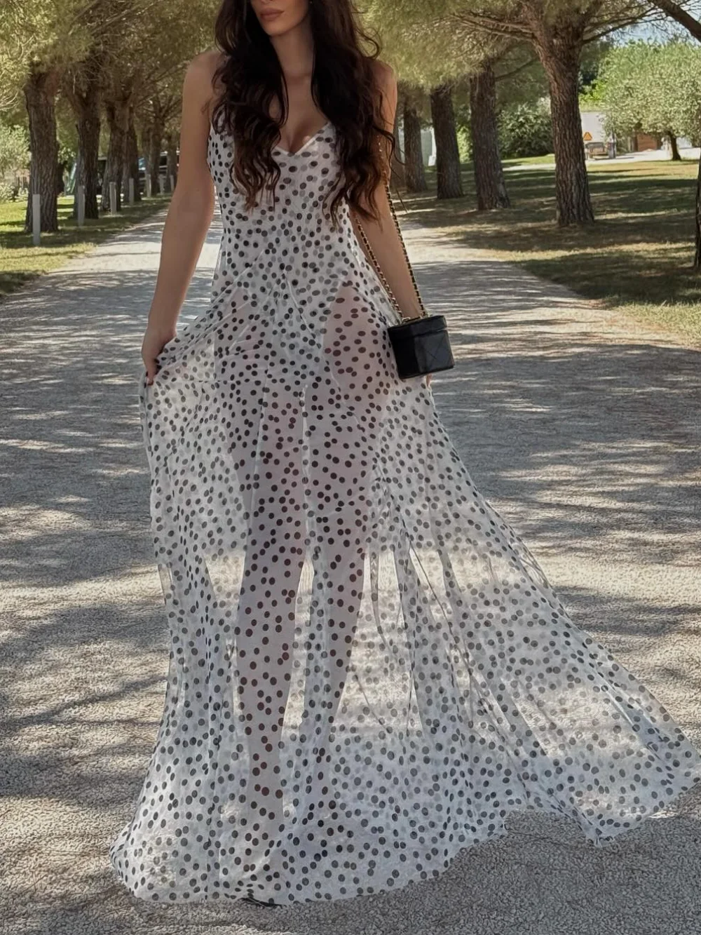 Women's Vintage Polka Dot Printed Midi Dress Summer Holiday Sleeveless Hem Transparent V-Neck Backless Casual Suspender Dress