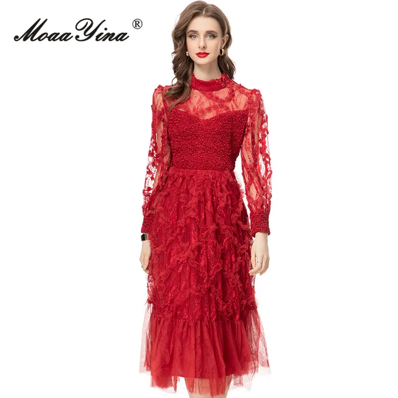 MoaaYina Autumn Fashion Runway Red Vintage Mesh Dress Women Lantern Sleeve Pleated Ruffles Appliques High Waist Slim Long Dress