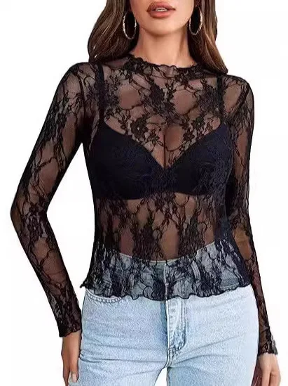 

Сексуальный кружевной топ с длинными рукавами для женщин, модный, из полиэфирного волокна, дышащий, удобный, для весенне-осеннего сезона