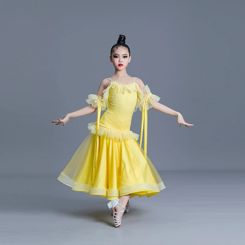 Kids Ballroom Dance Competition Dress Lace Standard Dancing Clothes Girls Tango Practice Wear Waltz Dance Stage Costume VDB6646