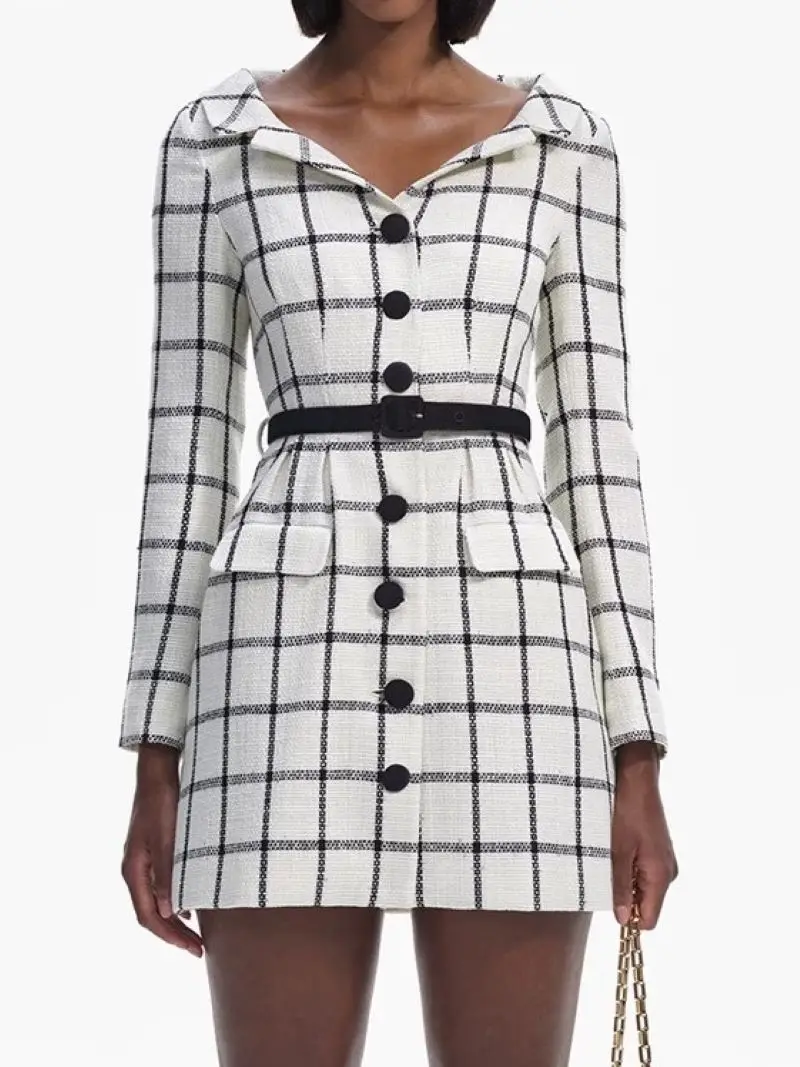 Women Plaid Dress Single Breasted Turn-down Collar Long Sleeve Elegant Autumn 2024 Mini Robe