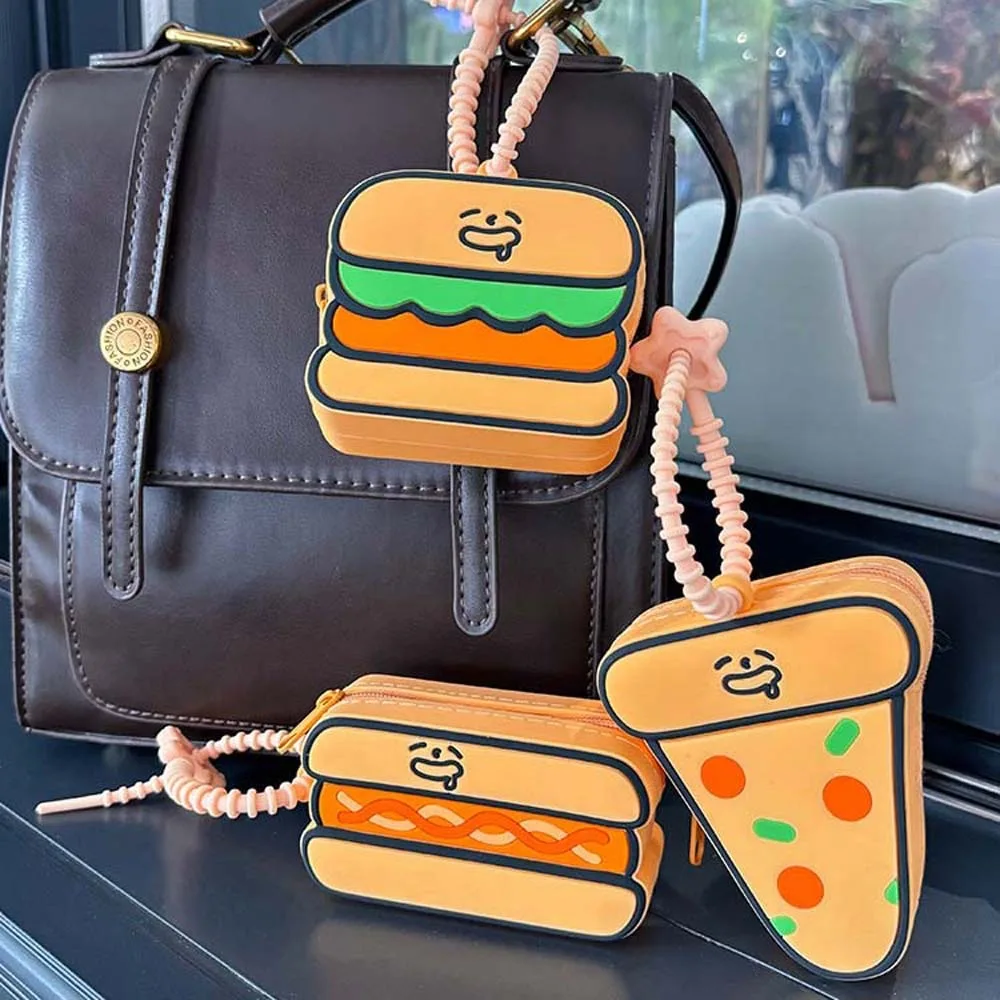 Portamonete portatile versatile per hamburger, impermeabile, per hot dog, cartone animato, portafoglio in silicone, ciondolo per pizza, portachiavi, borsa per auricolari, coppia