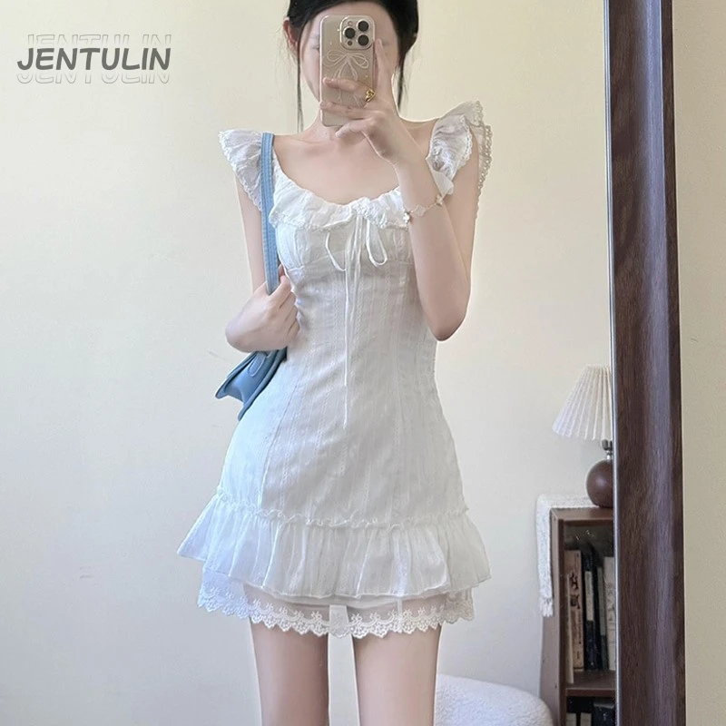 Korean Sweet Lace Short Dress Women College Style Elegant Spring Summer New A-line Dresses Sexy Design White Casual Y2K Clothing