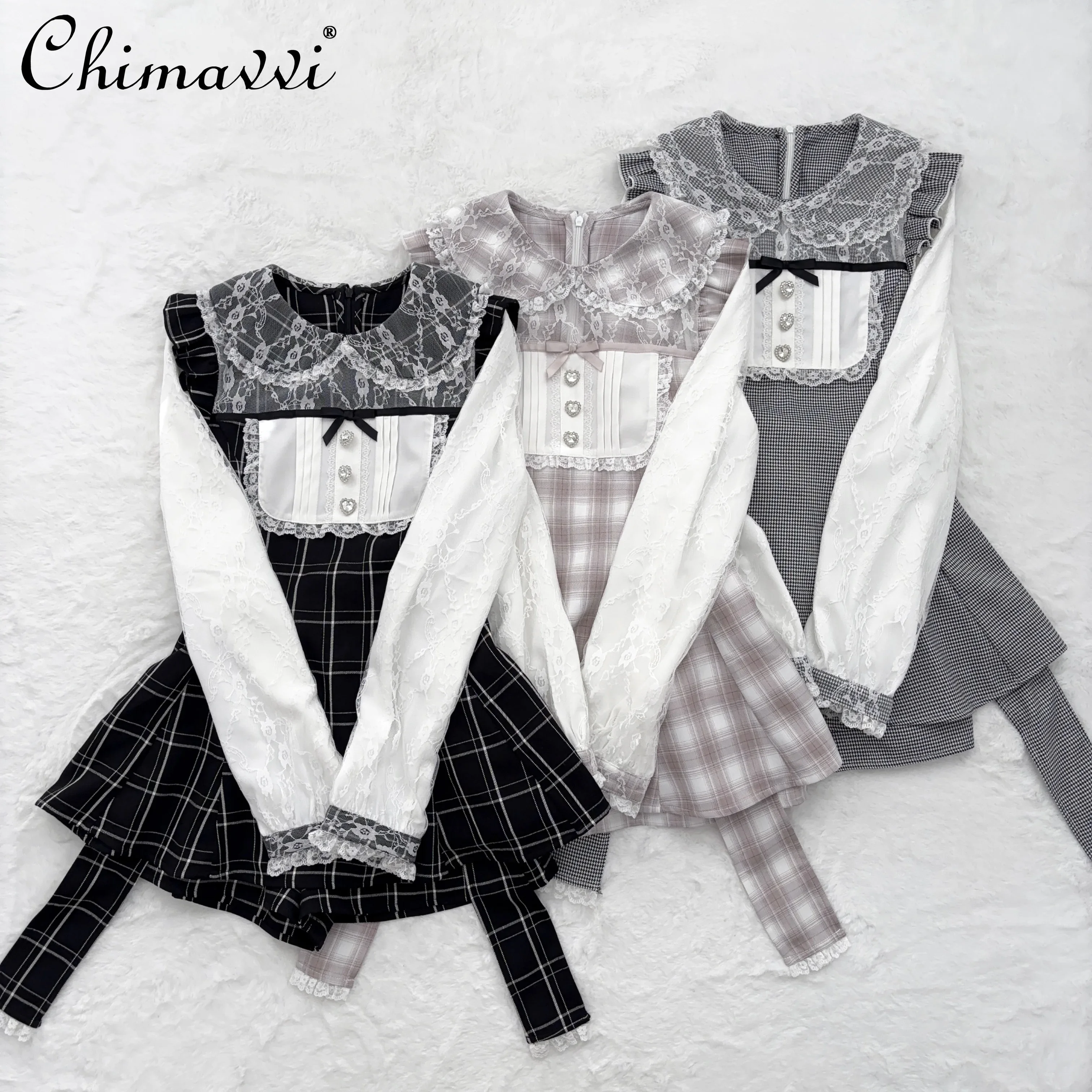 Japanese Sweet Doll Collar Lace Lolita Two-piece Set Autumn Mass-produced Mine Long-sleeved Slim-fit Top Shorts Set Girl Outfits