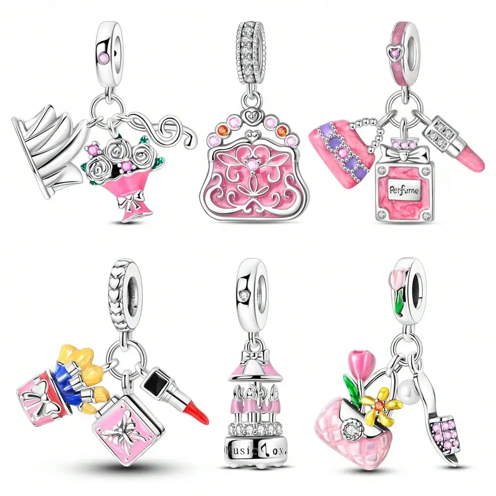 سحر الفضة الألوان الوردي حقيبة مستحضرات التجميل حبة لسوار الأصلي DIY الخرز سحر المجوهرات صنع هدية للنساء STYFNE