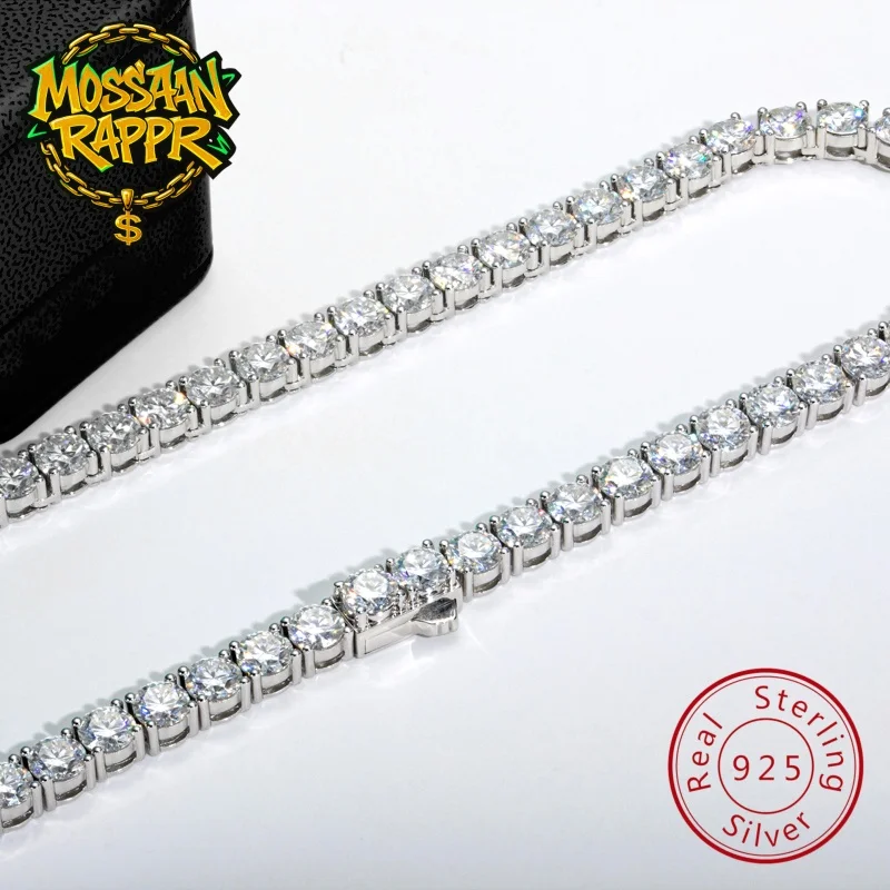 

MossanRappr 4/6,5 мм D Цвет VVS1 Теннисное ожерелье с муассанитом Iced Out из стерлингового серебра 925 пробы Классическая цепочка в стиле хип-хоп для мужчин и женщин