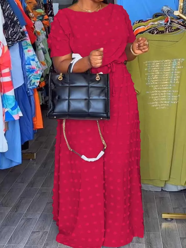 

Summer Rose Red Dress for Women Casual Long Straight Dress with Elastic Waist Solid Color Dots Simple Plus Size Elegant Dress