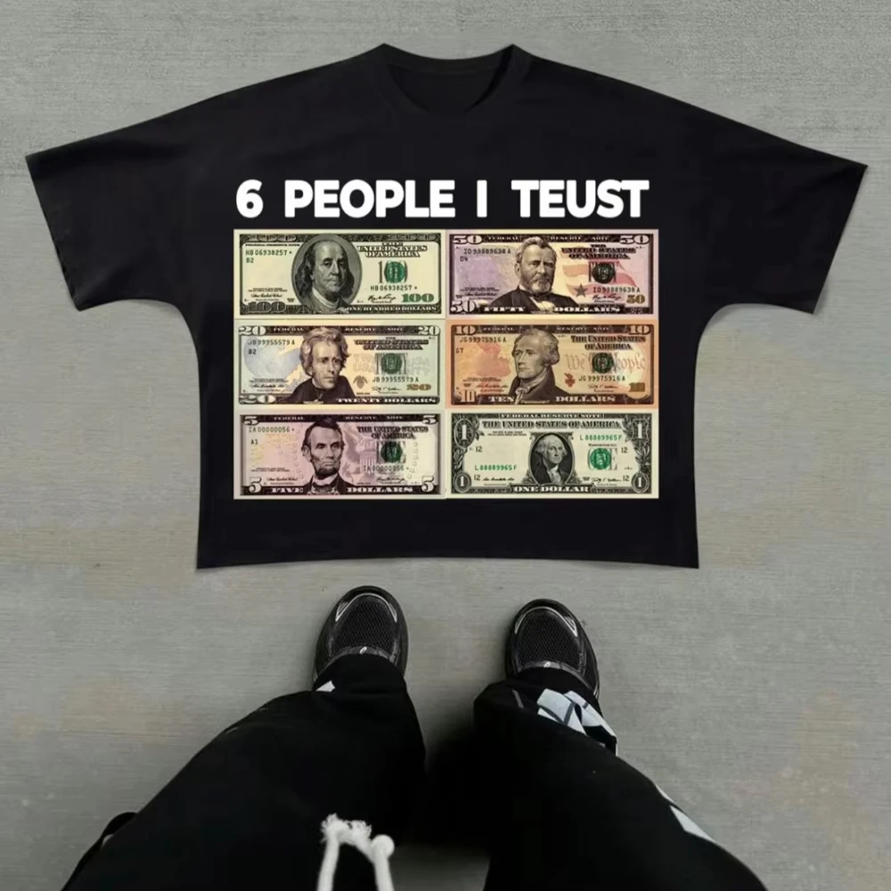 

Summer Black Men's Casual Letter Dollar Bill Print Round Neck Short Sleeved Street Hip-hop Cool Pure Cotton Breathable T-shirt