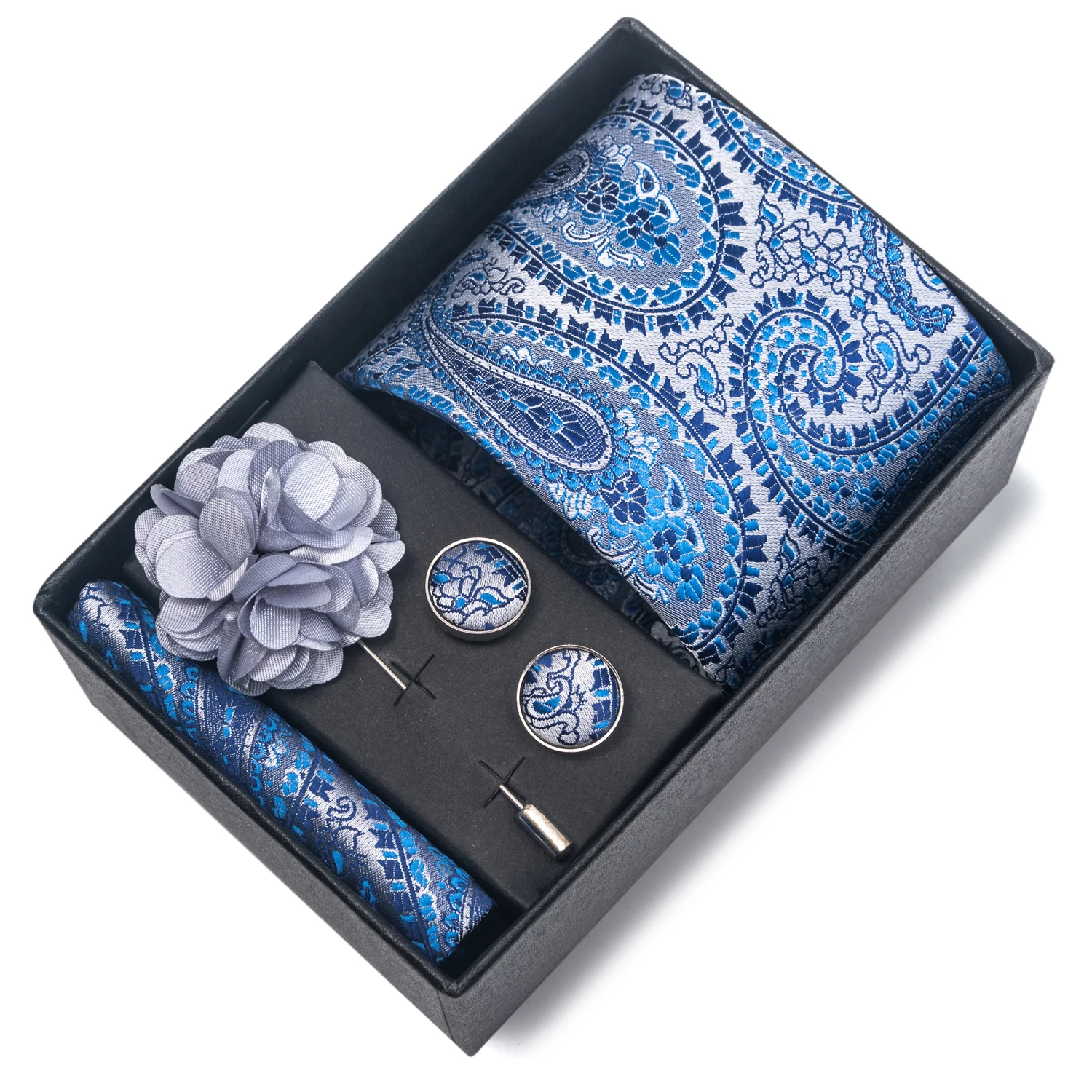 2025 Neue Design Marke 8 cm Blau Gestreifte Krawatte Taschentuch Manschettenknopf Brosche Set Mann Geschenk Box Hochzeit Geschenk Fit formelle Party – Detail 21