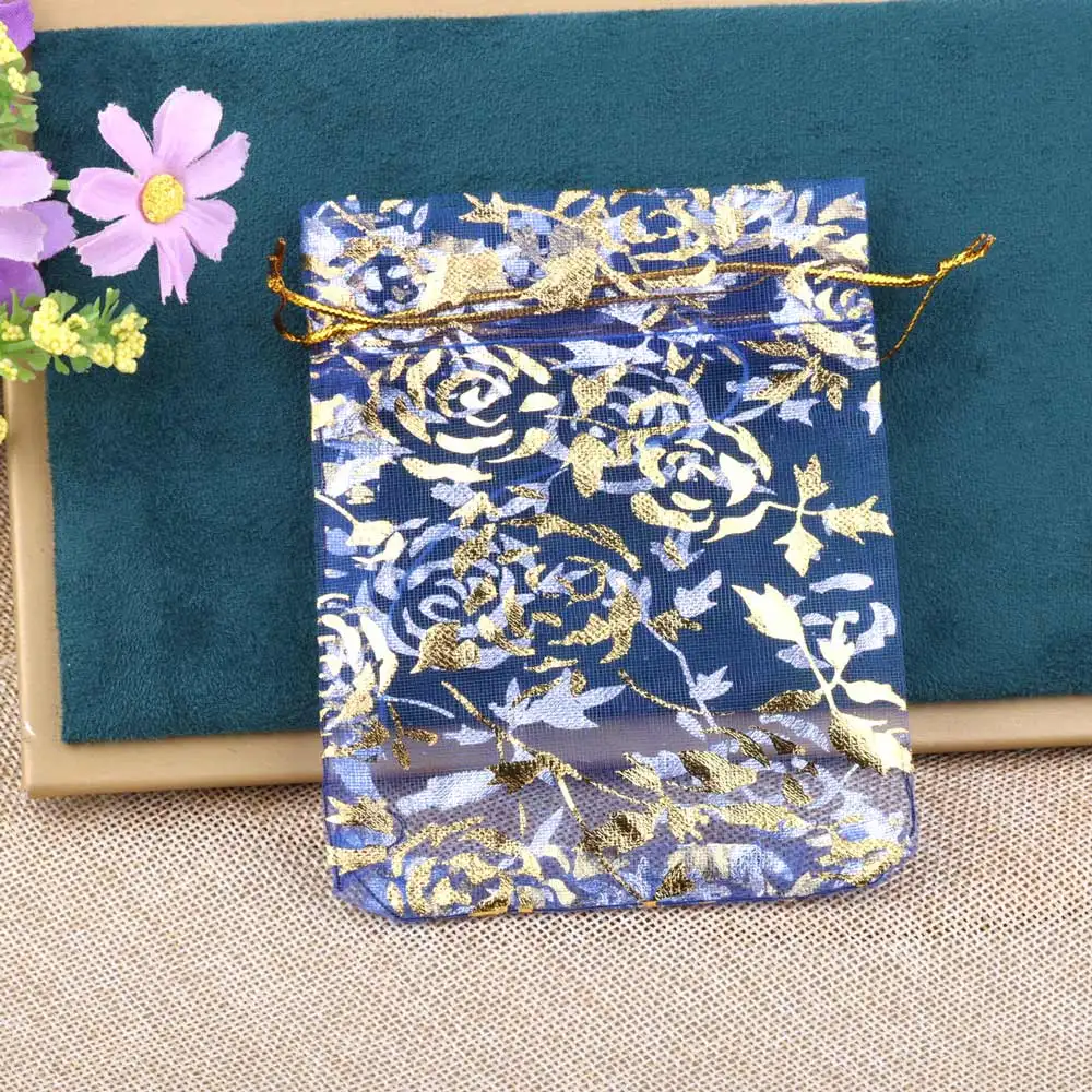 25/50/100pcs/lot Drawstring Organza Gift Bag Hot Gold Color Rose Print Pouches Wedding Christmas Party Candy Jewelry Packing