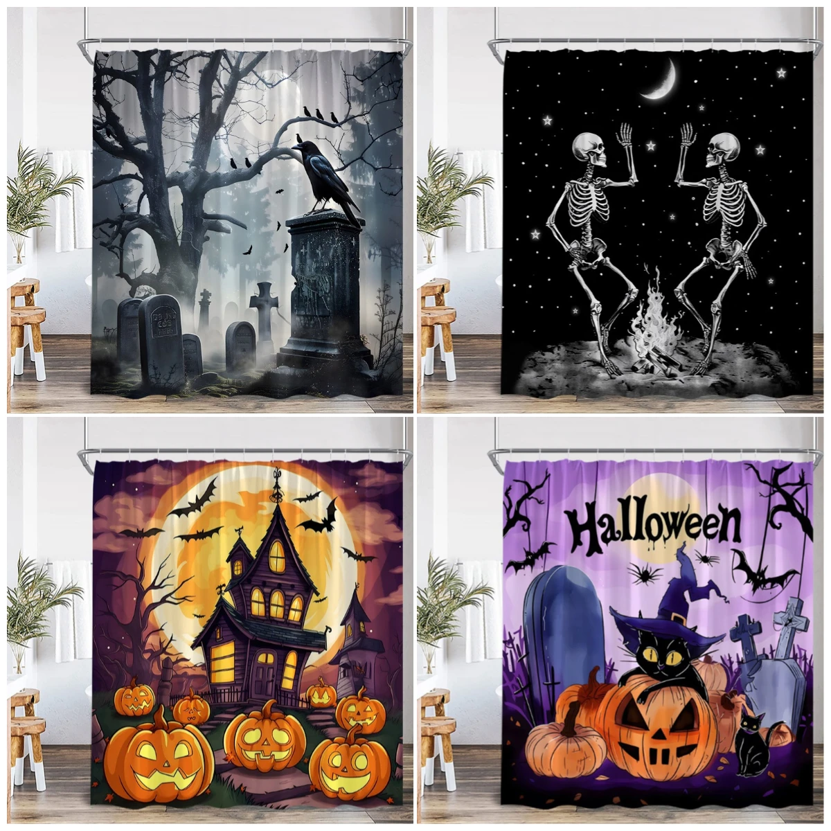 Horror Halloween Shower Curtain Forest Dead Trees Tombstone Crow Black Cat Skeleton Bath Curtains Home Bathroom Decor with Hooks