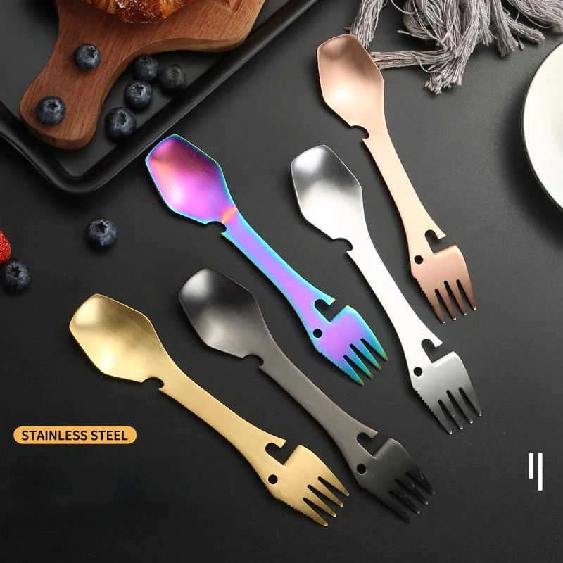 Multi Function Tableware Spoon Multi Tool Can Opener Flatware Portable Bottle Cutlery Multitool Camp Utensil Fork Spork Stainles