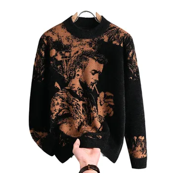 Men's Printed Slim-Knit Sweater 5 Retro Men's Printed Slim Knit Sweater for Men's Base, 2025 Brand Premium Tops, High-quality Men's Plus Size Warm Sweater 5