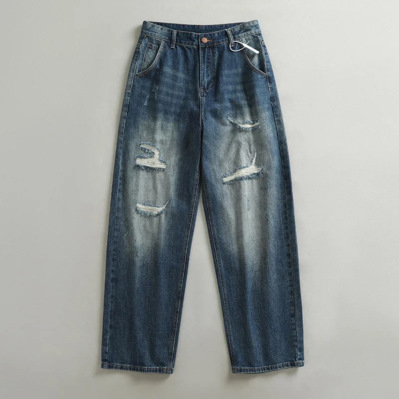 Vintage Men's Jeans in Faded Colors, Korean Style, High Street, Loose, Straight, Wide, Versatile, Casual, Daily Wear