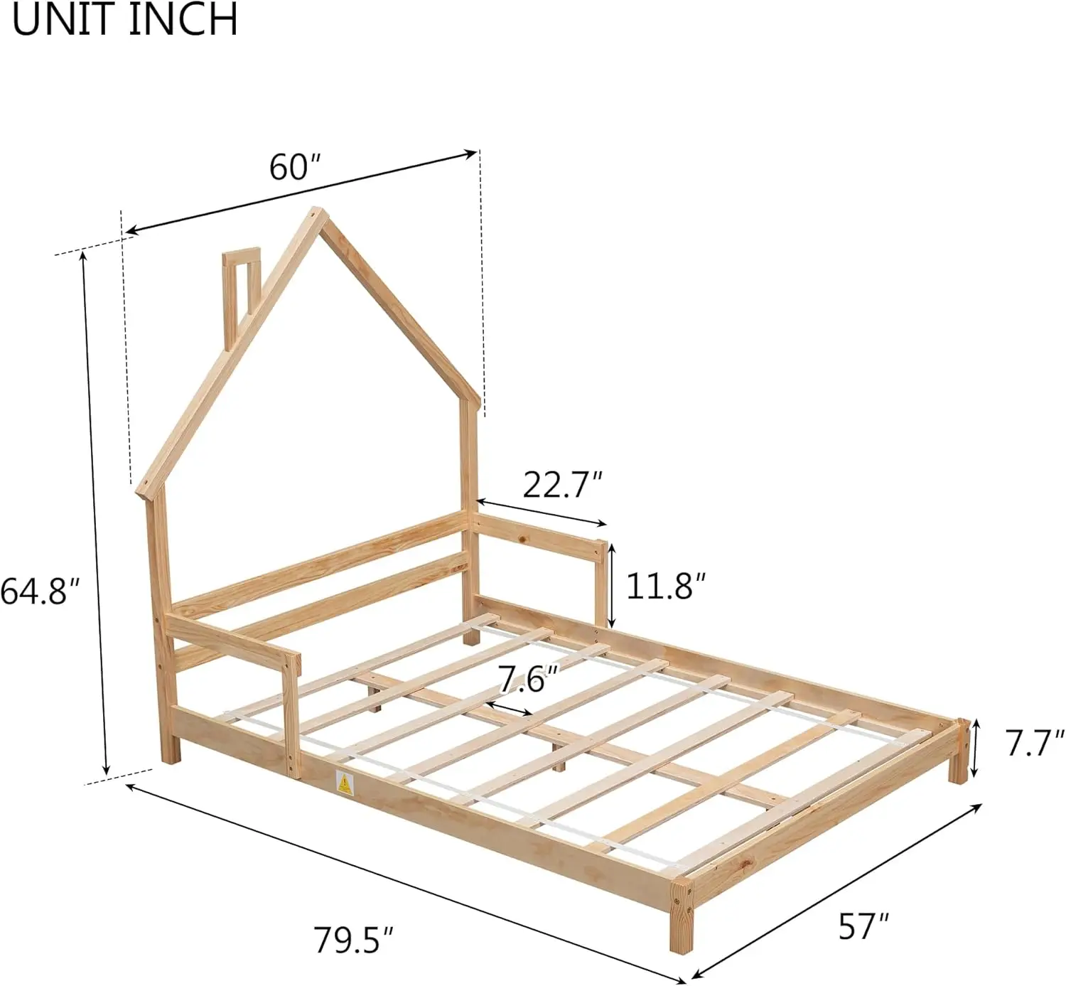 House-Shaped Headboard Kids Bed,Girls Bed with Handrails,Low Platform Bed for Boys Girls,No Box Spring Needed(Natural)