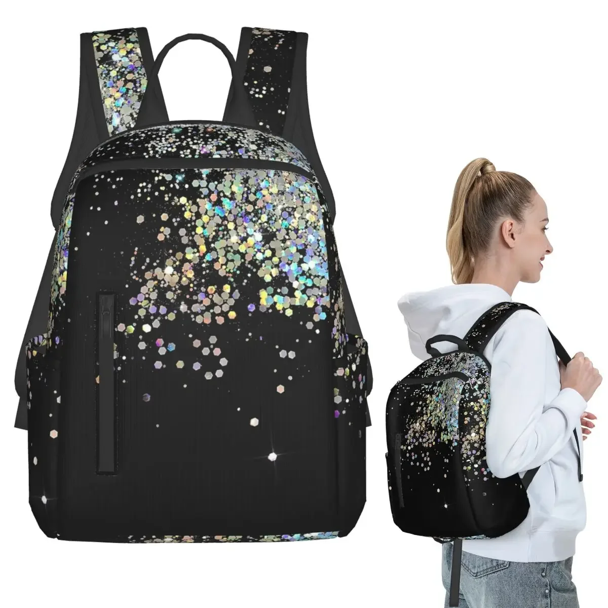 

Black And Holographic Sparkle Backpack Student Boys Girls BookBag Kids School Bag Laptop Shoulder Bags for Men Women