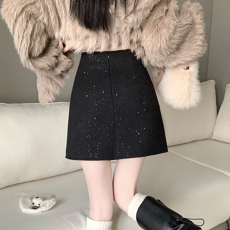 Korean Design Folded Shiny Diamond Bag Hip A-line Skirt Autumn Winter High Waist Women Irregular Woolen Mini Short Skirt