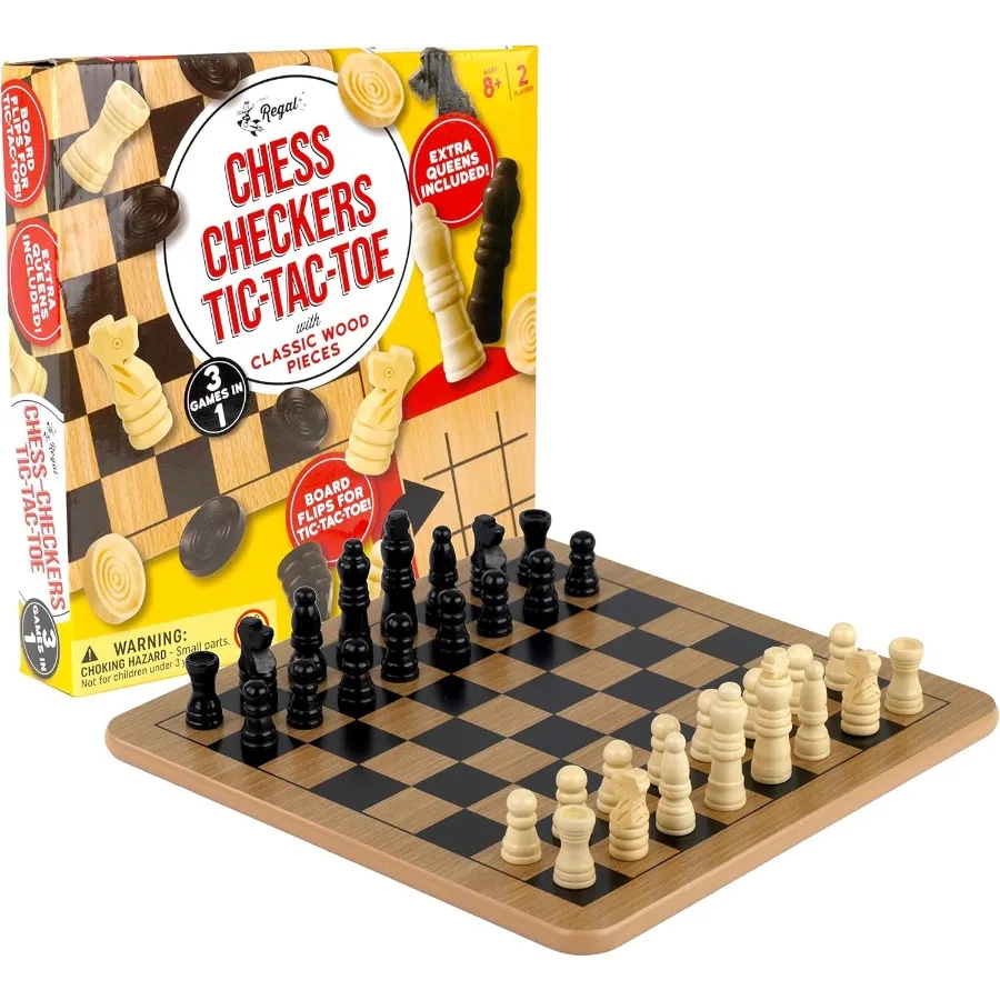 Reversible Wooden Board for Chess Checkers TicTacToe Includes 24 Interlocking Wooden Checkers and 32 Standard Chess Pieces Idea