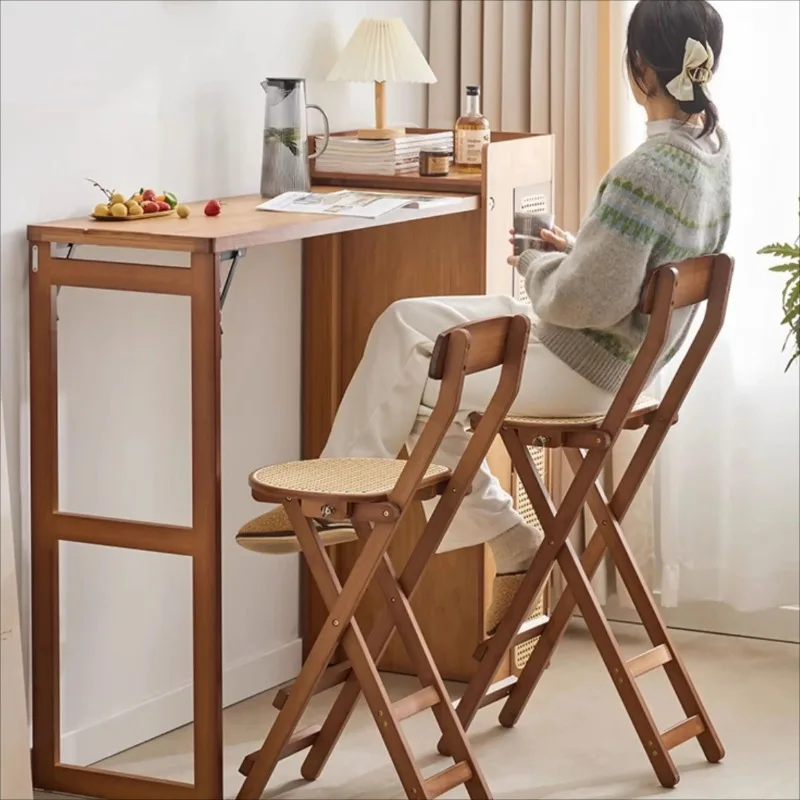 

Folding High Stool with Backrest Portable Wooden Bar Chair for Cashier Counter Kitchen Dining Room Home Use Compact Design