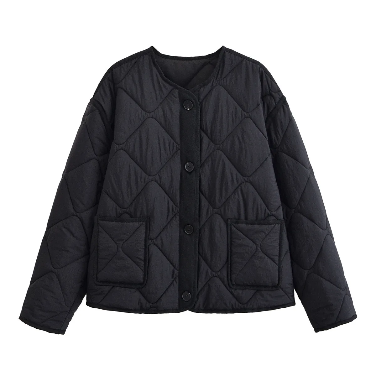 سترة خريف وشتاء 2025 معطف قطني بسيط متعدد الاستخدامات بنمط الماس ورقبة دائرية وأكمام طويلة #4