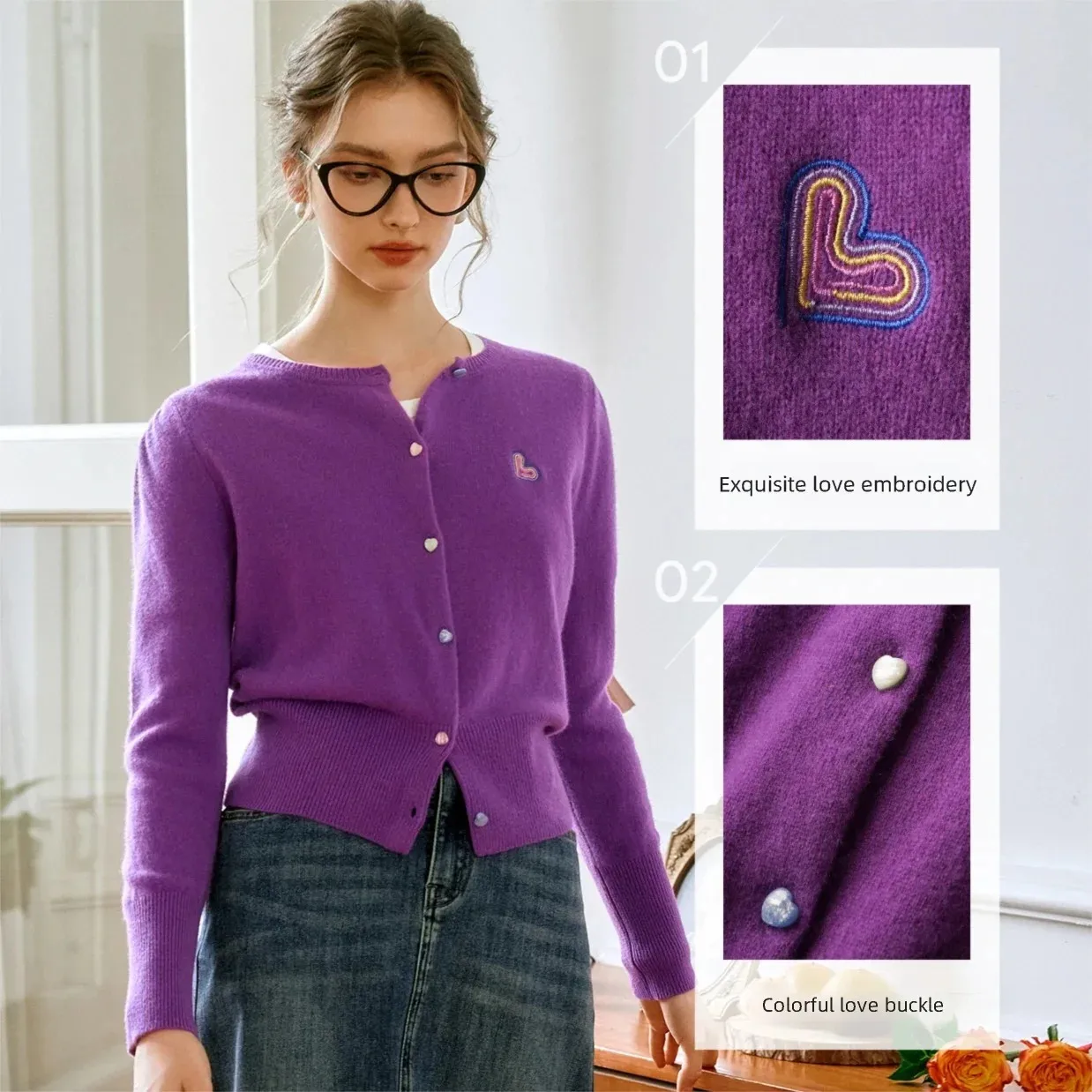 OLrain женский кардиган с длинными рукавами, осень 2021, модный фиолетовый вязаный свитер с круглым вырезом, тонкий повседневный топ с вышивкой, O24QZ83663