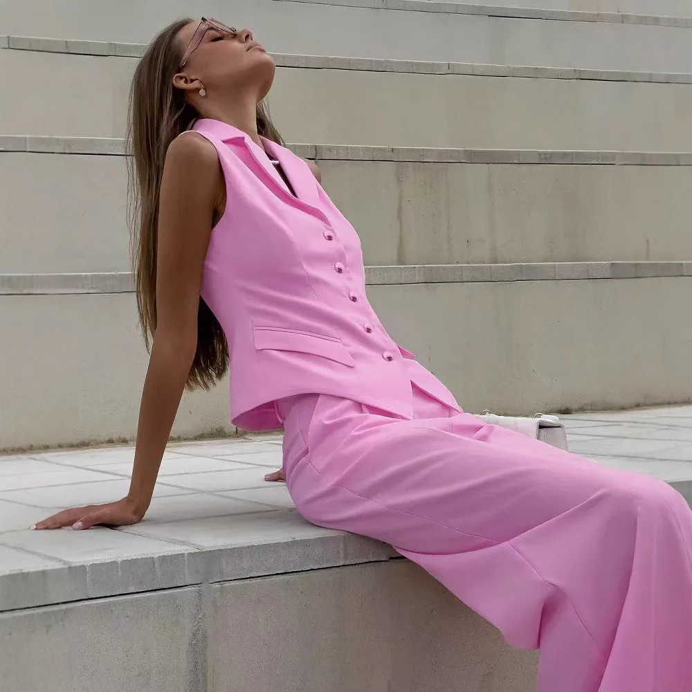 ผู้หญิงสีทึบLapelปุ่มเสื้อกั๊กชุดกางเกงลําลองสําหรับฤดูร้อน 2025