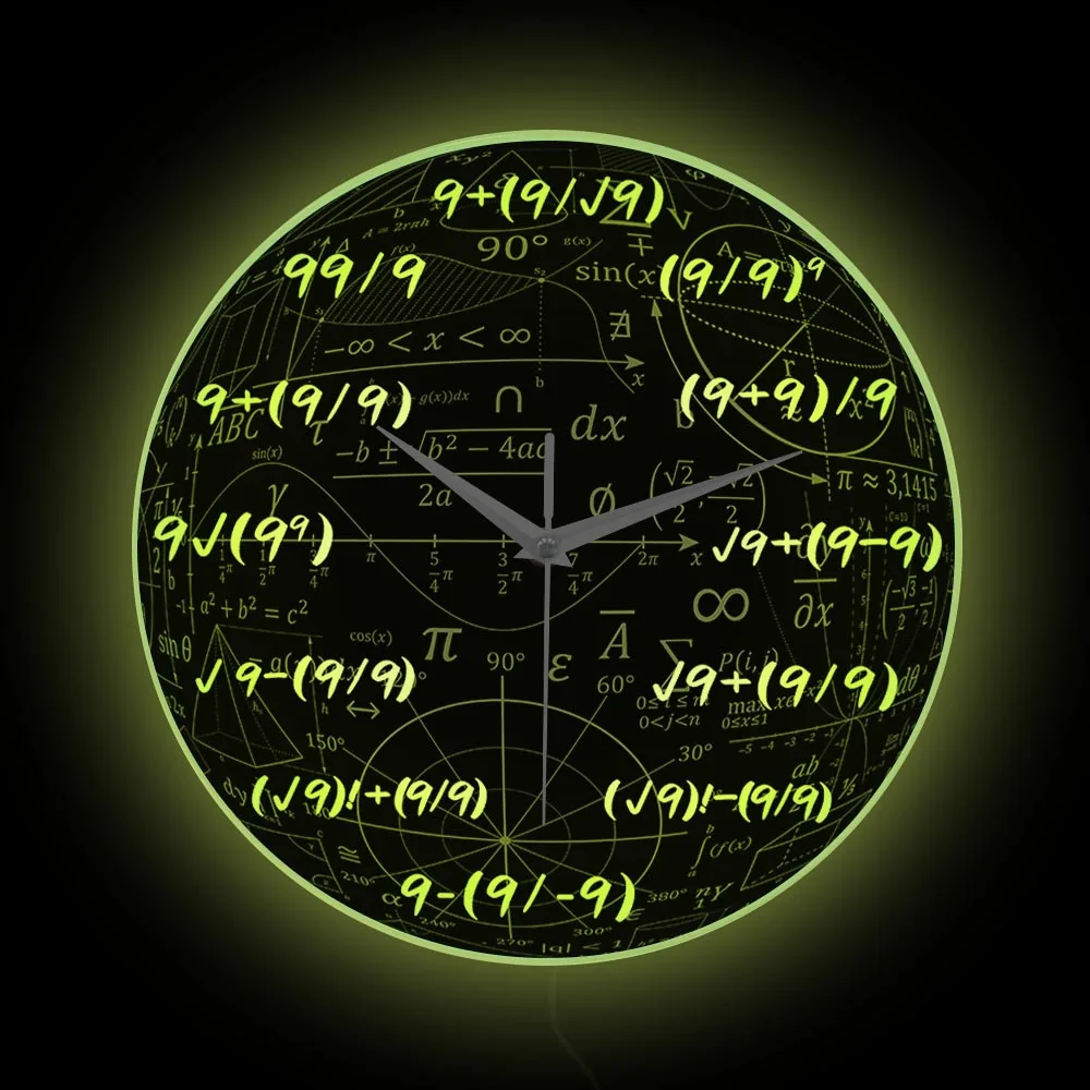 

The Nines Math LED Lighting Wall Clock For Bedroom Number 9 Math Equation 9s Formulas Luminous Silent Wall Clock Glow in Dark