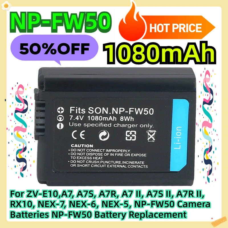 

For ZV-E10,A7, A7S, A7R, A7 II, A7S II, A7R II, RX10, NEX-7, NEX-6, NEX-5, NP-FW50 Camera Batteries NP-FW50 Battery Replacement