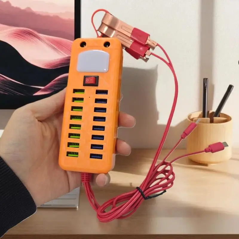 1Pcs 12V 24V To 5V 3.4A 16USB Port Power Adapter With Battery Clip For Charging Cell Phone Emergency USB Power High Efficiency