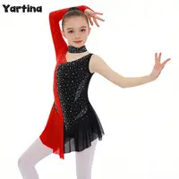 Leotardo de gimnasia con diamantes de imitación brillantes para niñas, patinaje artístico, Jersey de Ballet de malla transparente, vestido de cuerpo de danza lírica