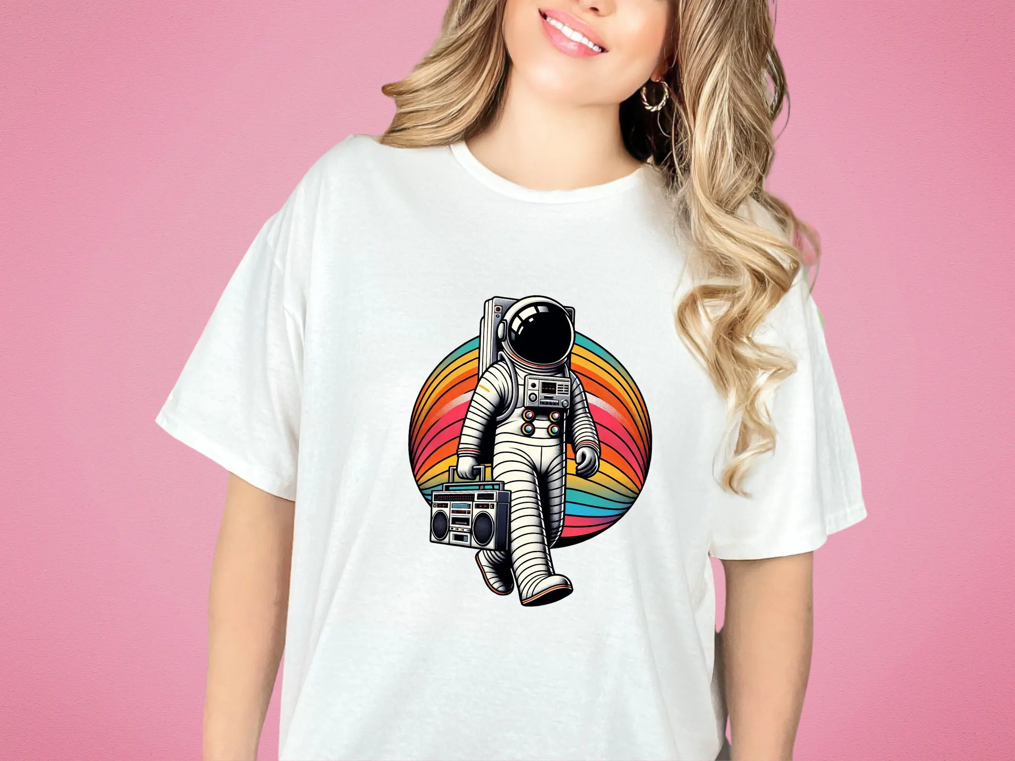 Astronaut with Boombox T Shirt Space Suit and HelmeT Design Vintage Music Style DTG Print Cool Top for