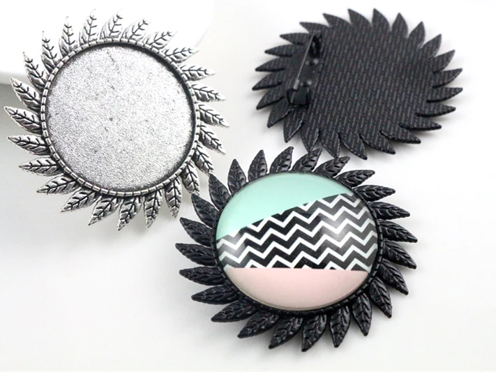 5pcs/lot 30mm Inner Size Black and Antique Silver Plated Colors Brooch Pin whirlwind Style Cabochon Base Setting