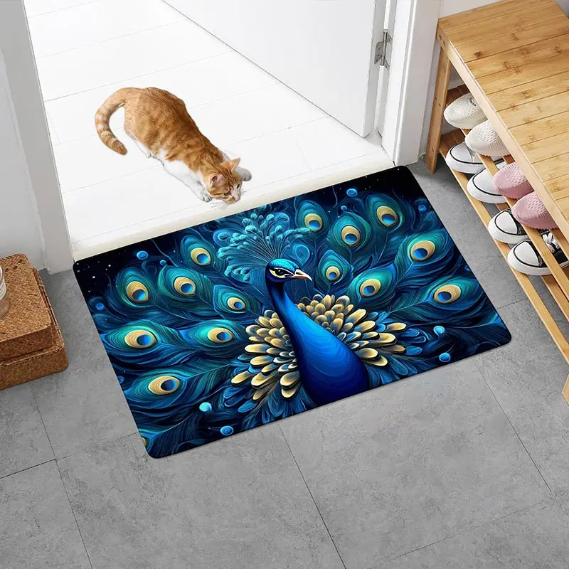 Pfau Eingang Dekoration Fußmatte Exquisite Pfauenmuster Fußmatte Badezimmermatte Cartoon Tierthema Badezimmerboden Interio