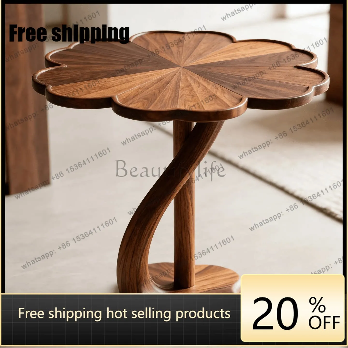 YJ Flower Shaped Corner Table Neo Chinese Style Black Walnut Solid Wood 2026 New Creative Custom Luxury Home Side Table