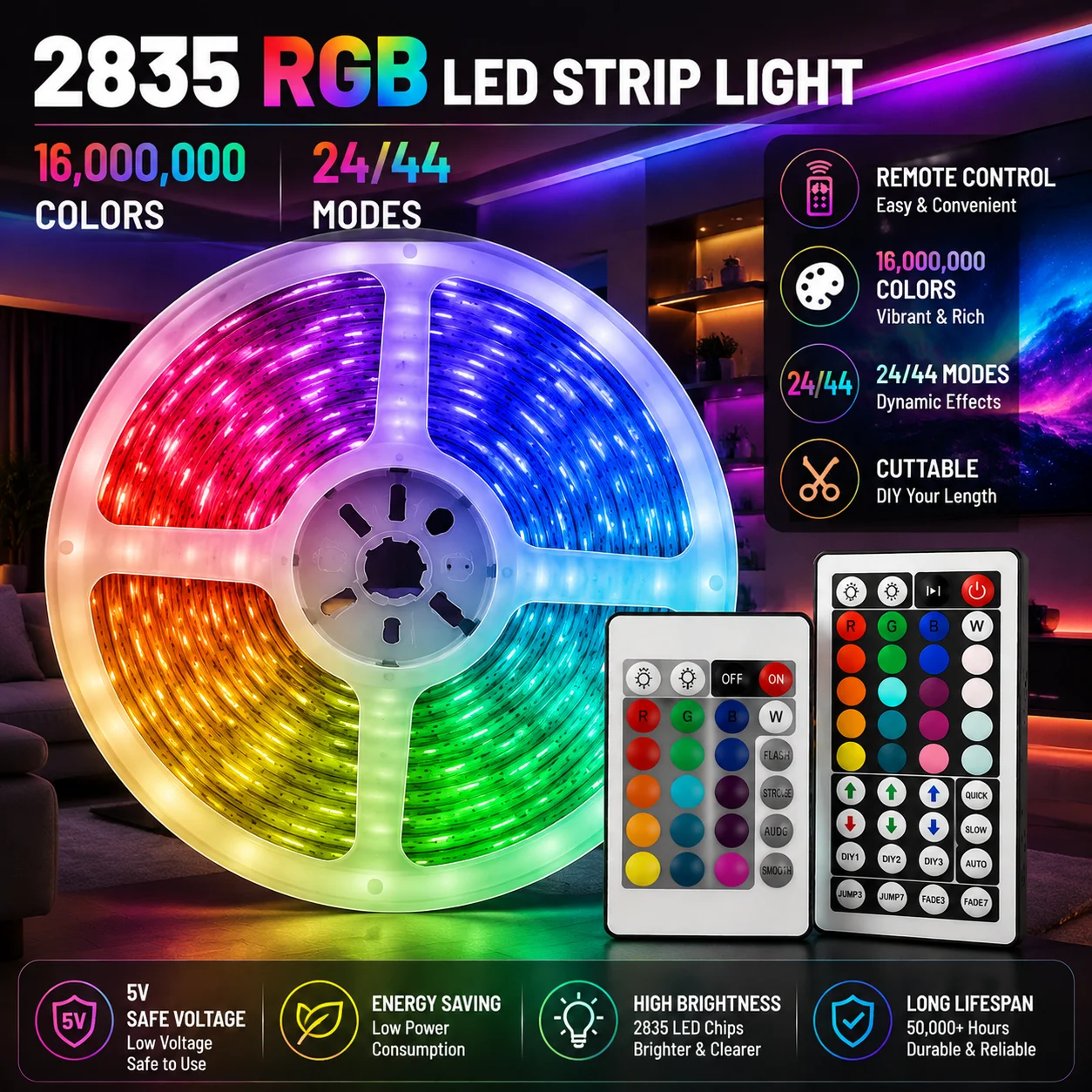 RGB LED Light Strip 2835 USB Control 44 Keys Colorful Lighting Tape Lamp for Room Wall TV Backlight Home Festival Decoration