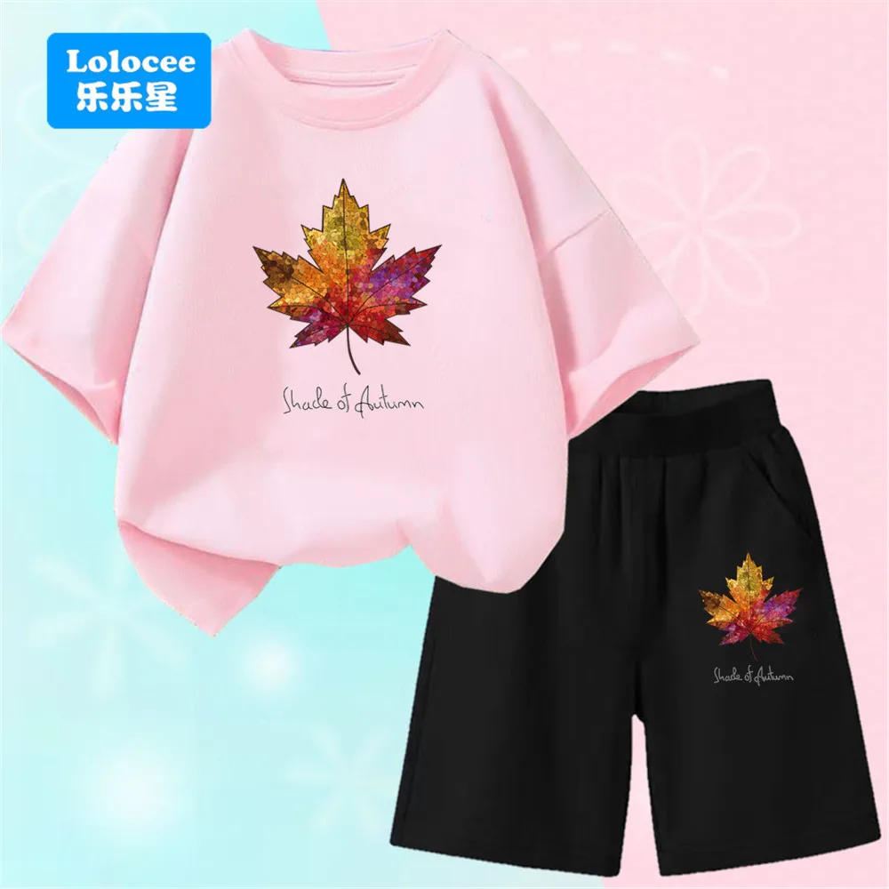 Комплект одежды Lolocee для девочек, топ с короткими рукавами и шорты с принтом кленового листа, комплект из 2 предметов, модный и удобный комплект детской одежды FY1