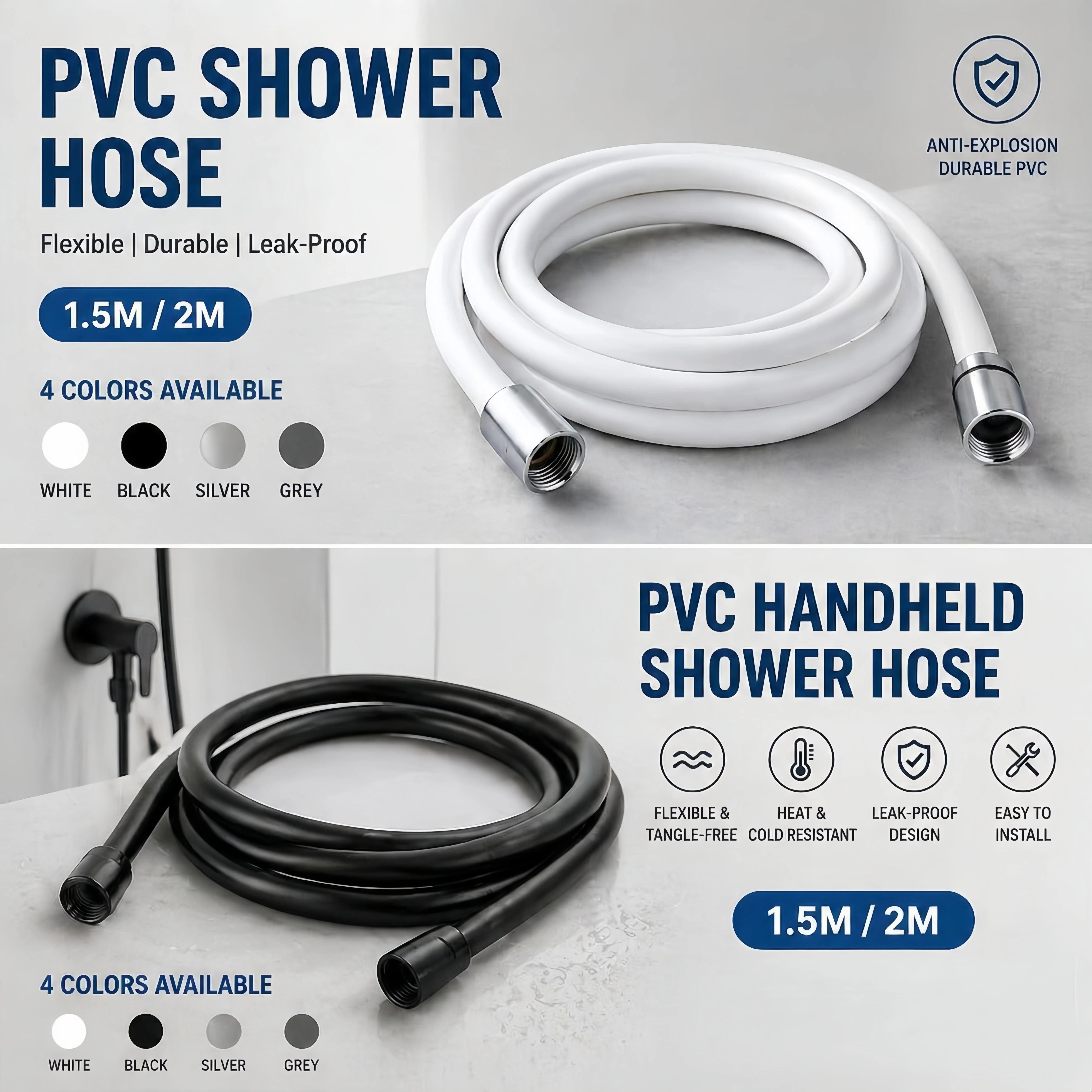 1.5m/2m PVC Handheld Shower Hose,Flexible Anti-Winding Explosion-Proof Universal Water Tube for Bathroom Faucet Shower Head