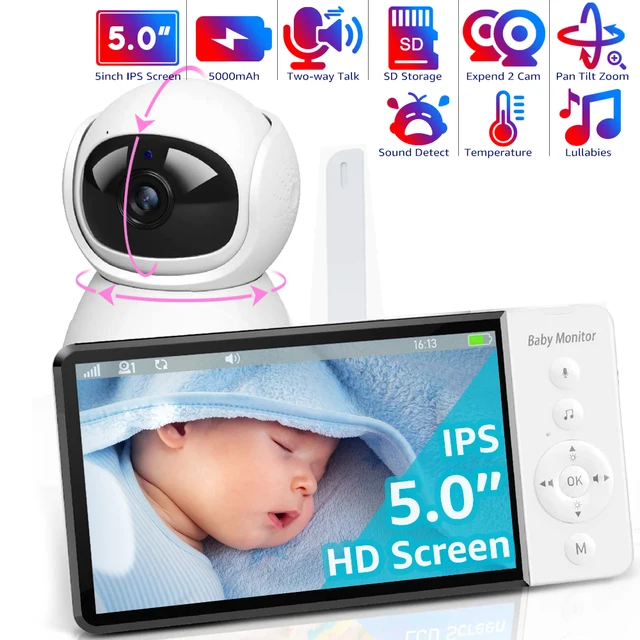 5-calowy ekran IPS Kamera wideo z funkcją obrotu, pochylenia i zoomu Niania elektroniczna z 30-godzinną baterią Dwukierunkowa rozmowa Noktowizor Temperatura 8 kołysanek Przechowywanie kart SD i zasięg 1000 stóp Brak Wi